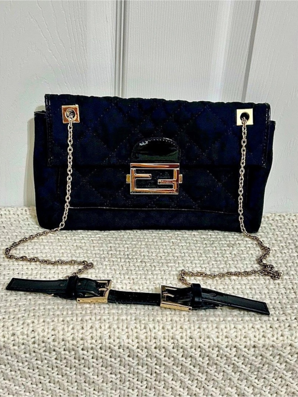 Fendi Black Quilted Fabric Maxi Baguette Handbag Chain Strap Gold Tone Hardware
